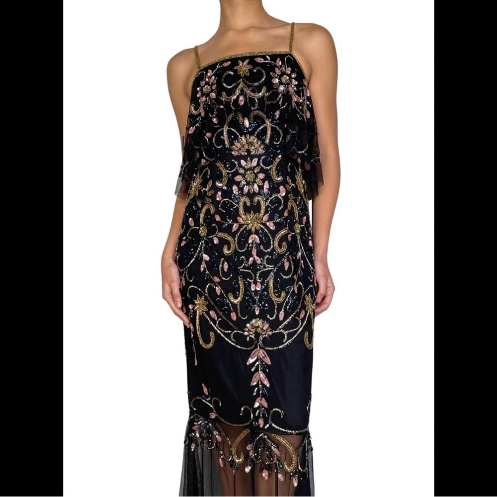 Dress Aidan Mattox Embellished Beaded Sheath Illusion 1920s Hem Gown Sequins 2